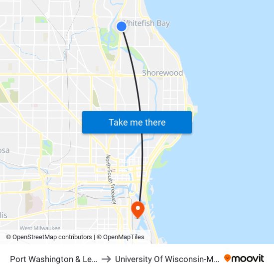 Port Washington & Lexington to University Of Wisconsin-Milwaukee map