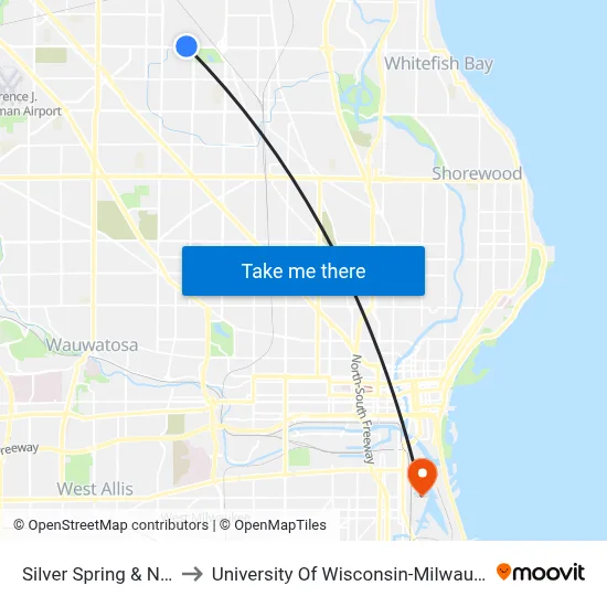 Silver Spring & N53 to University Of Wisconsin-Milwaukee map