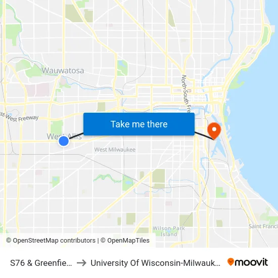 S76 & Greenfield to University Of Wisconsin-Milwaukee map