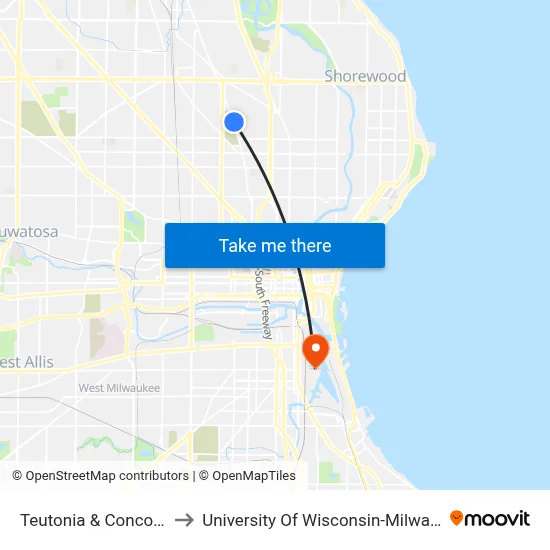 Teutonia & Concordia to University Of Wisconsin-Milwaukee map