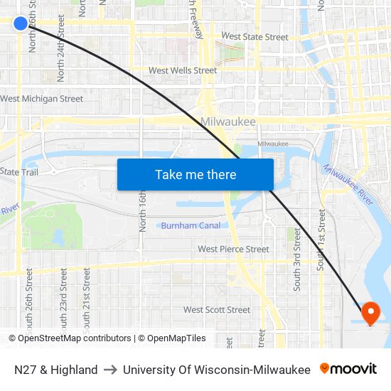 N27 & Highland to University Of Wisconsin-Milwaukee map