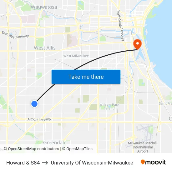 Howard & S84 to University Of Wisconsin-Milwaukee map