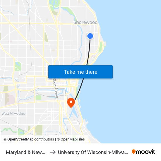 Maryland & Newport to University Of Wisconsin-Milwaukee map