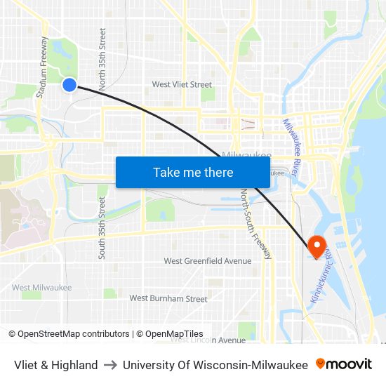 Vliet & Highland to University Of Wisconsin-Milwaukee map