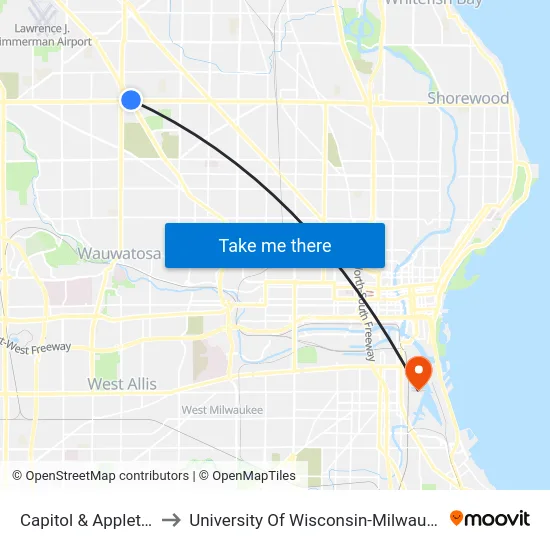 Capitol & Appleton to University Of Wisconsin-Milwaukee map