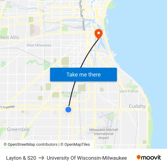 Layton & S20 to University Of Wisconsin-Milwaukee map