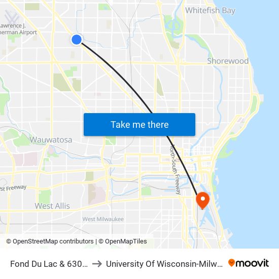 Fond Du Lac & 6300 W. to University Of Wisconsin-Milwaukee map