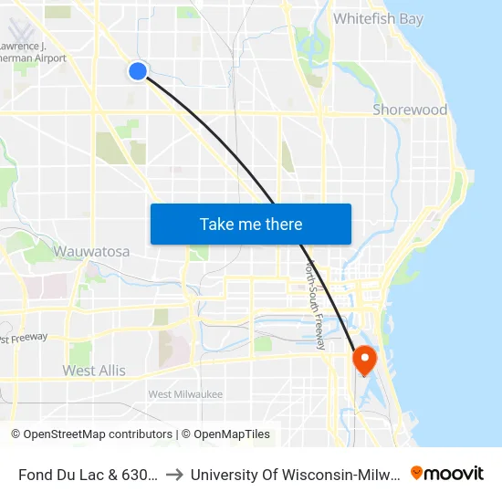 Fond Du Lac & 6300 W. to University Of Wisconsin-Milwaukee map
