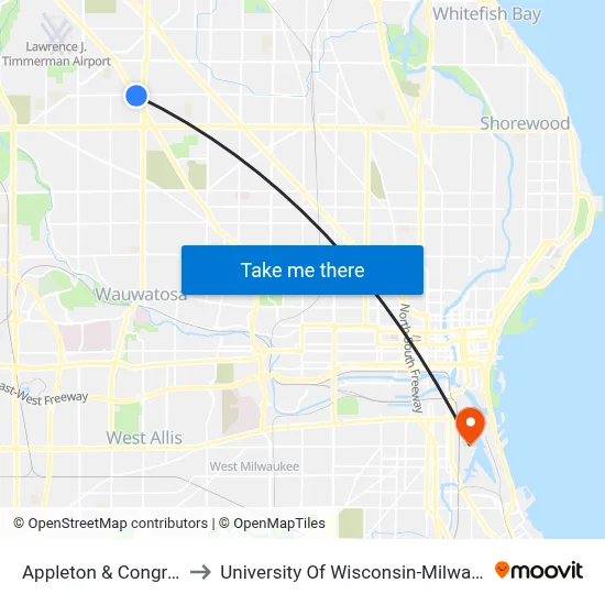 Appleton & Congress to University Of Wisconsin-Milwaukee map