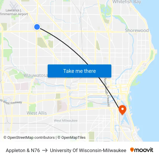 Appleton & N76 to University Of Wisconsin-Milwaukee map