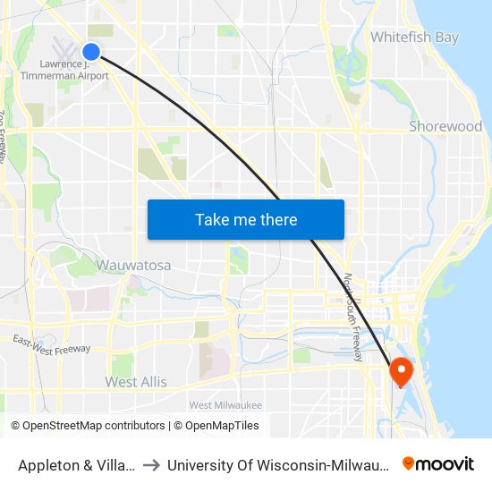 Appleton & Villard to University Of Wisconsin-Milwaukee map