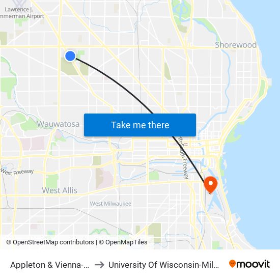 Appleton & Vienna-Nash to University Of Wisconsin-Milwaukee map