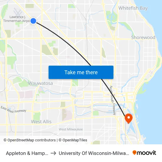 Appleton & Hampton to University Of Wisconsin-Milwaukee map