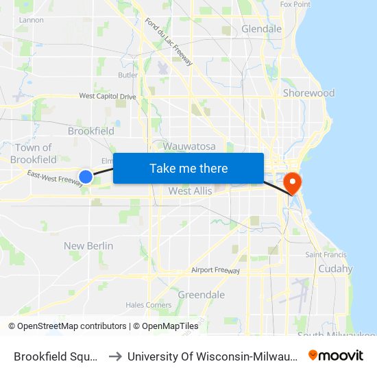 Brookfield Square to University Of Wisconsin-Milwaukee map