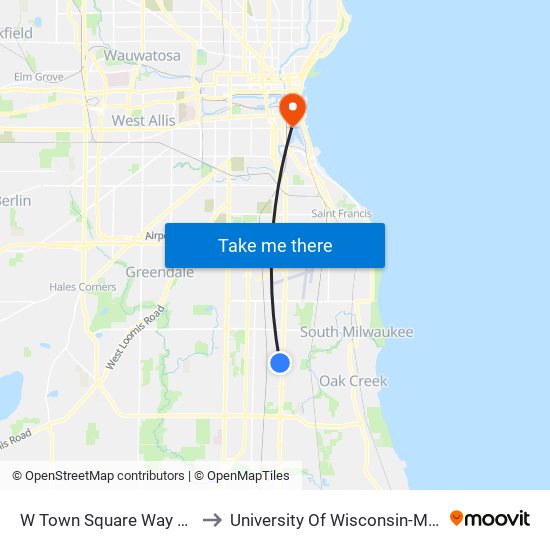 W Town Square Way & Meijer to University Of Wisconsin-Milwaukee map