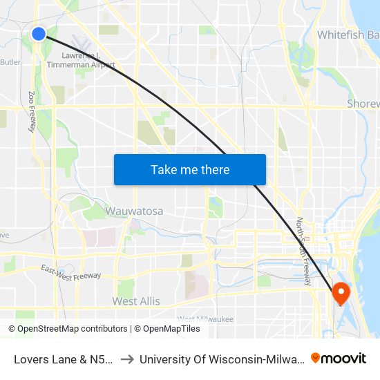 Lovers Lane & N5400 to University Of Wisconsin-Milwaukee map