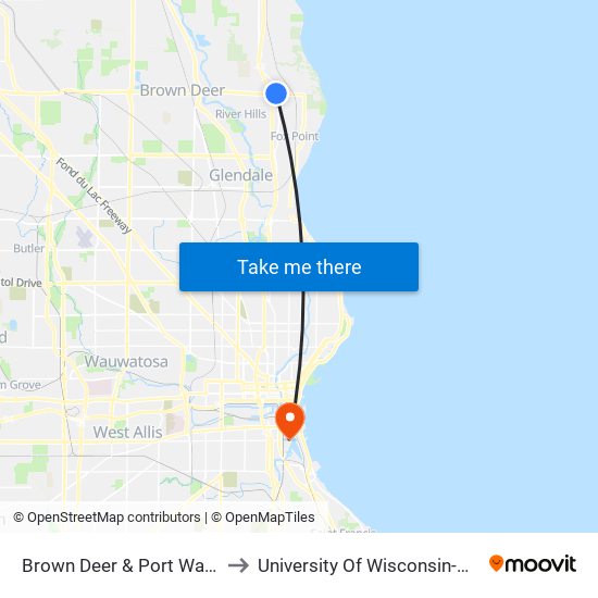 Brown Deer & Port Washington to University Of Wisconsin-Milwaukee map