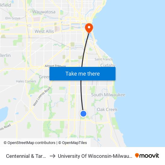 Centennial & Target to University Of Wisconsin-Milwaukee map