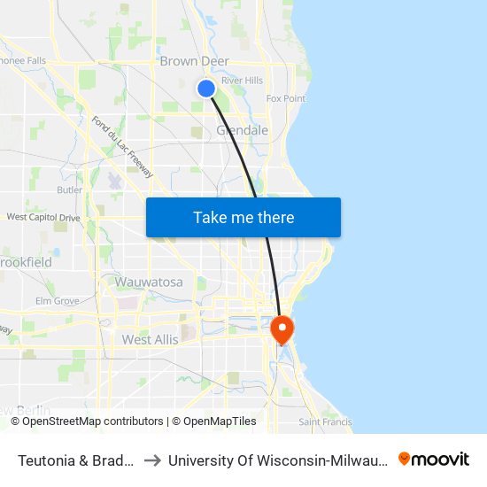 Teutonia & Bradley to University Of Wisconsin-Milwaukee map