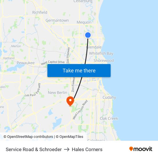 Service Road & Schroeder to Hales Corners map