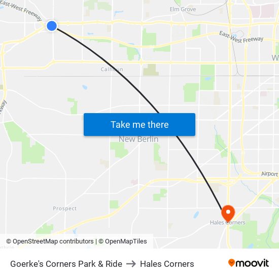 Goerke's Corners Park & Ride to Hales Corners map