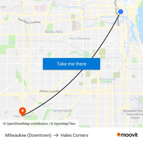 Milwaukee (Downtown) to Hales Corners map