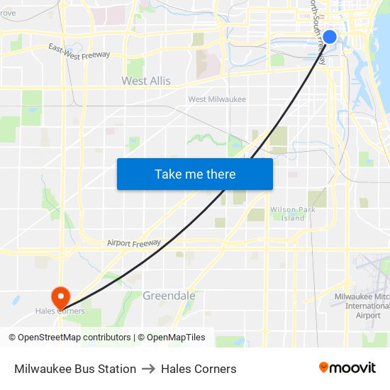 Milwaukee Bus Station to Hales Corners map