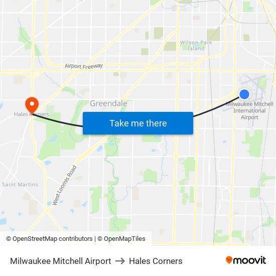 Milwaukee Mitchell Airport to Hales Corners map