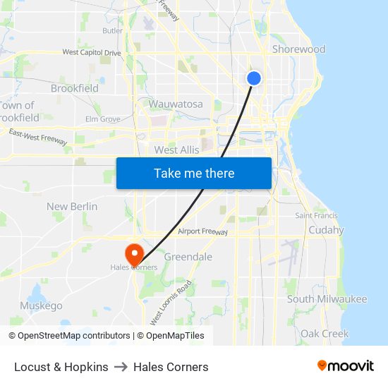 Locust & Hopkins to Hales Corners map