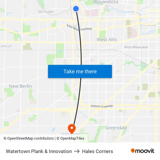 Watertown Plank & Innovation to Hales Corners map