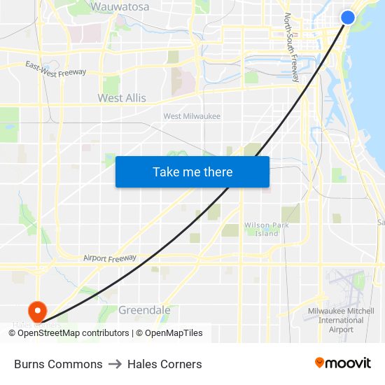 Burns Commons to Hales Corners map