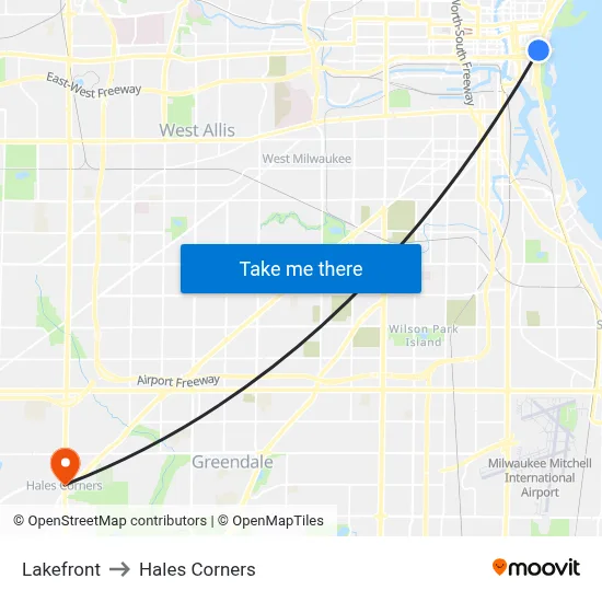 Lakefront to Hales Corners map