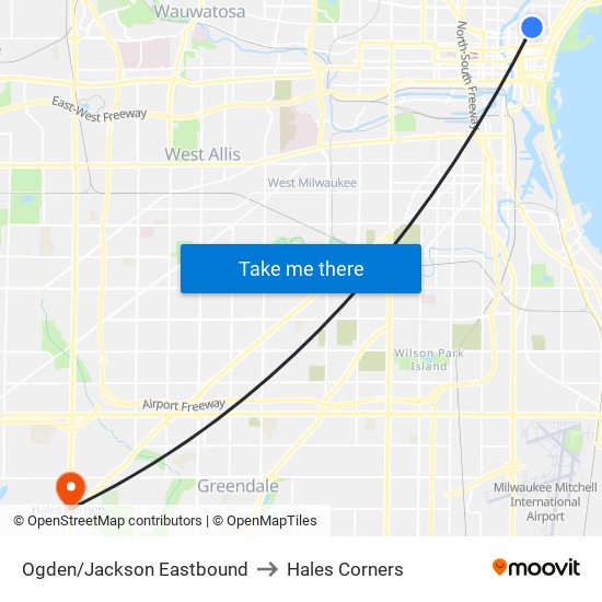 Ogden/Jackson Eastbound to Hales Corners map