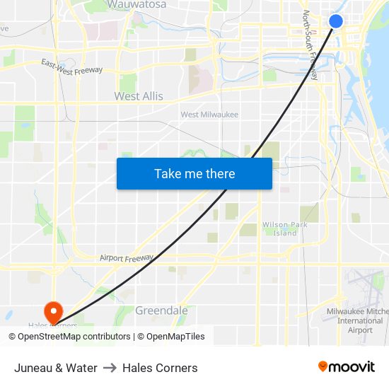 Juneau & Water to Hales Corners map