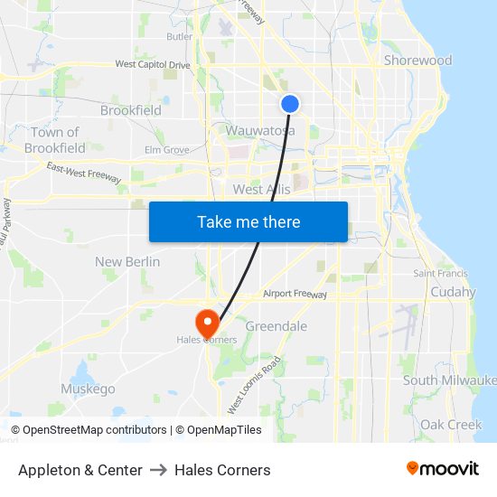 Appleton & Center to Hales Corners map