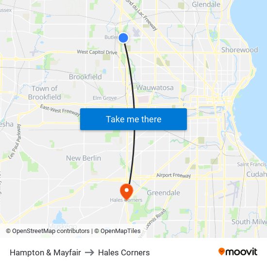 Hampton & Mayfair to Hales Corners map