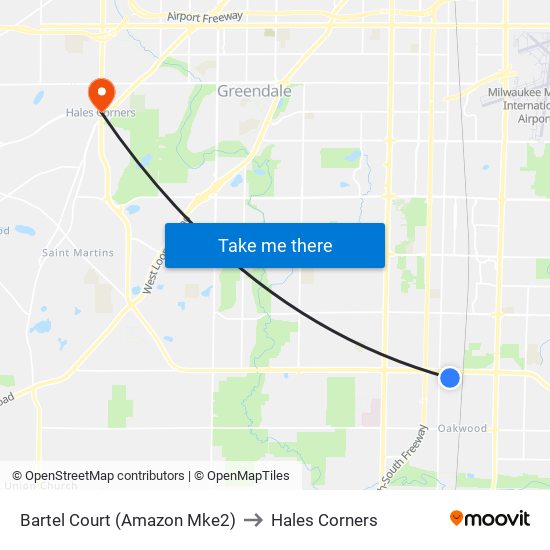 Bartel Court (Amazon Mke2) to Hales Corners map