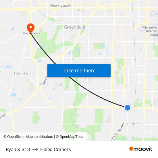 Ryan & S13 to Hales Corners map