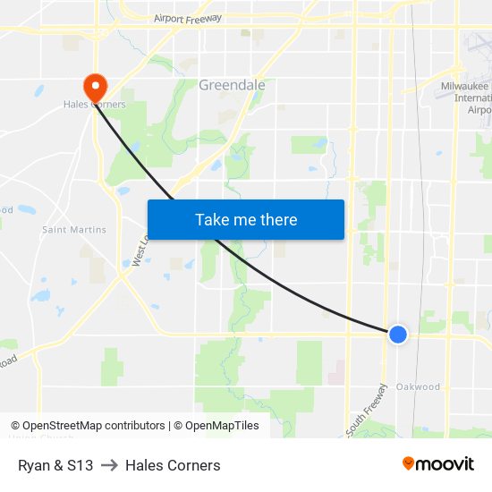 Ryan & S13 to Hales Corners map