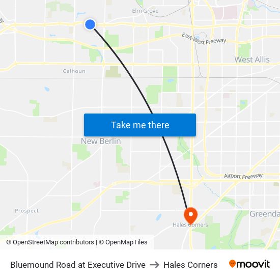 Bluemound Road at Executive Drive to Hales Corners map