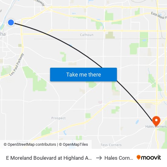 E Moreland Boulevard at Highland Avenue to Hales Corners map