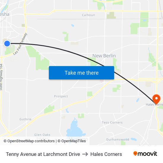 Tenny Avenue at Larchmont Drive to Hales Corners map