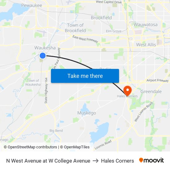 N West Avenue at W College Avenue to Hales Corners map