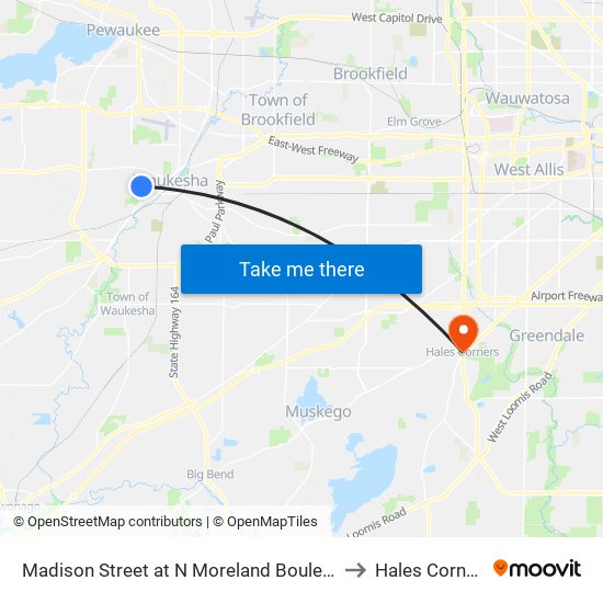 Madison Street at N Moreland Boulevard to Hales Corners map