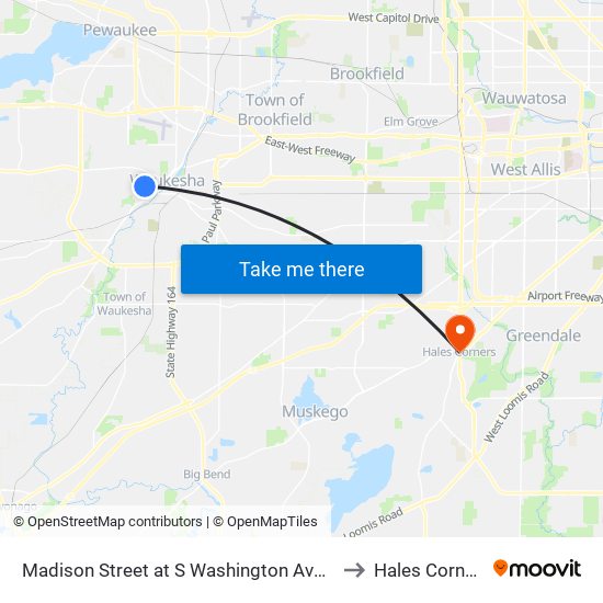 Madison Street at S Washington Avenue to Hales Corners map