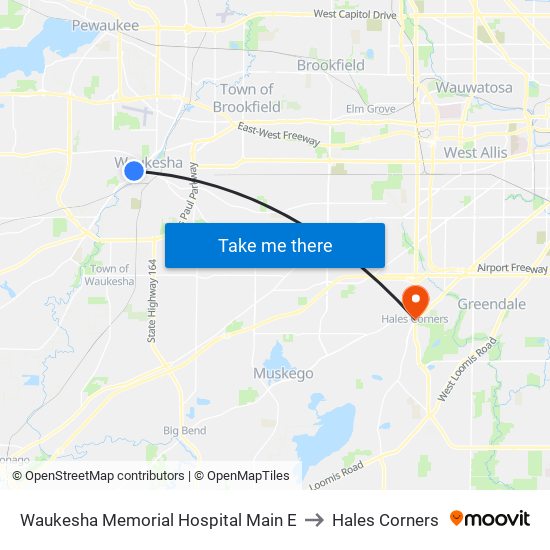 Waukesha Memorial Hospital Main E to Hales Corners map