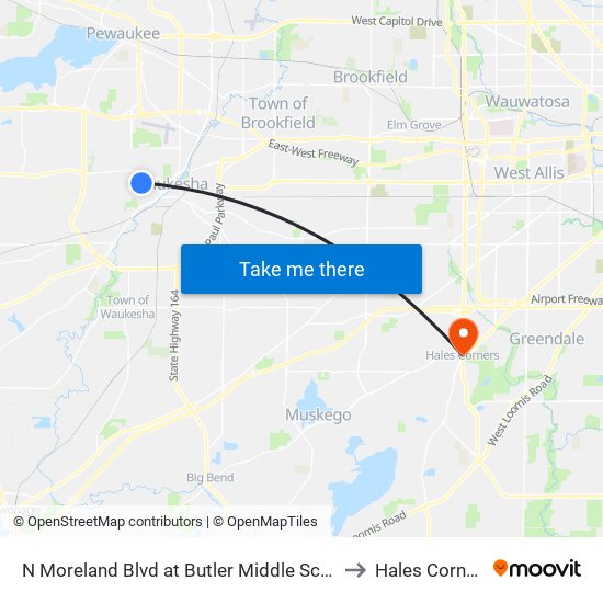 N Moreland Blvd at Butler Middle School to Hales Corners map