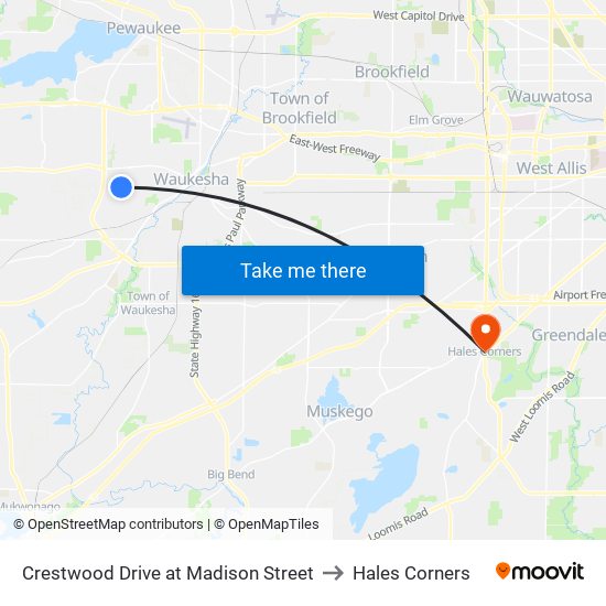 Crestwood Drive at Madison Street to Hales Corners map