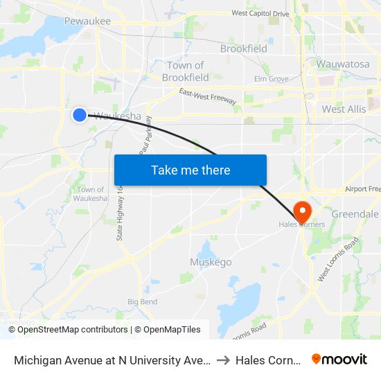 Michigan Avenue at N University Avenue to Hales Corners map