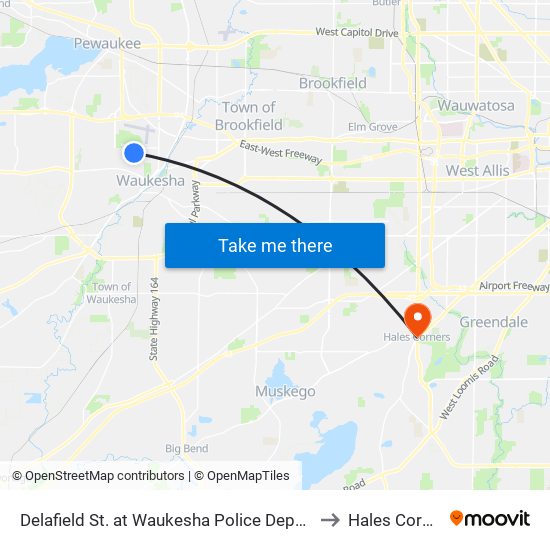 Delafield St. at Waukesha Police Department to Hales Corners map